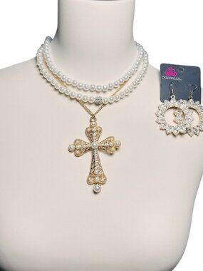 Thrift Store Cross Necklace & Earrings Bundle 4 PC Set